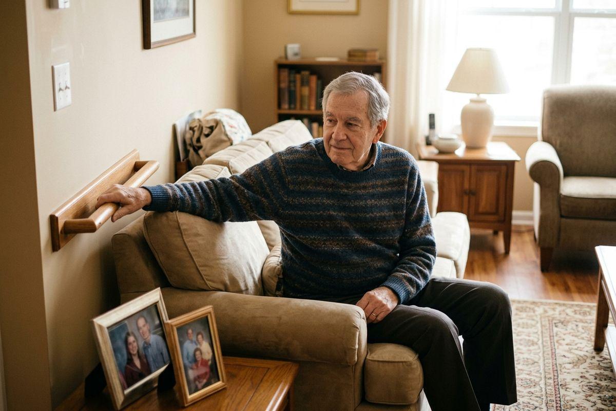 Older adult seated on a couch, gripping a wall-mounted grab bar, in a living room with framed photos nearby.