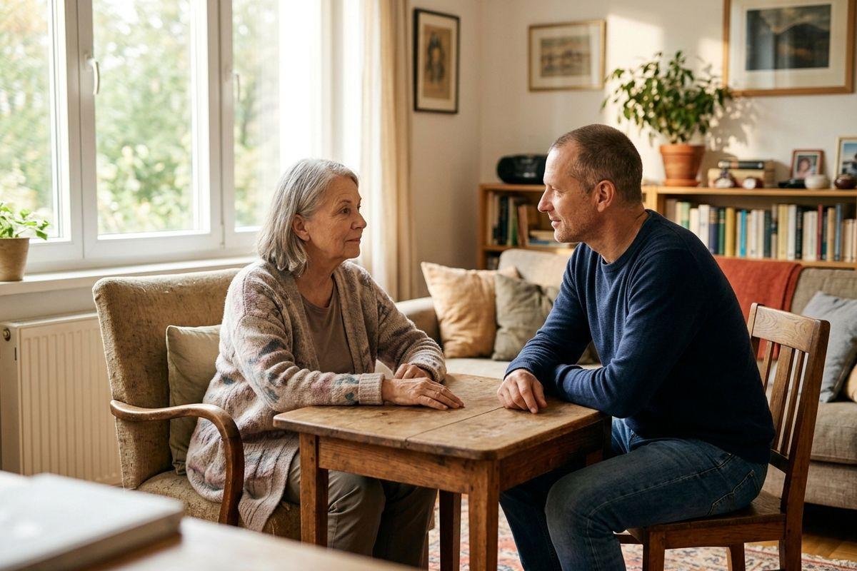 An older and younger adult sit facing each other at a wooden table in a living room, talking with serious, calm expressions.
