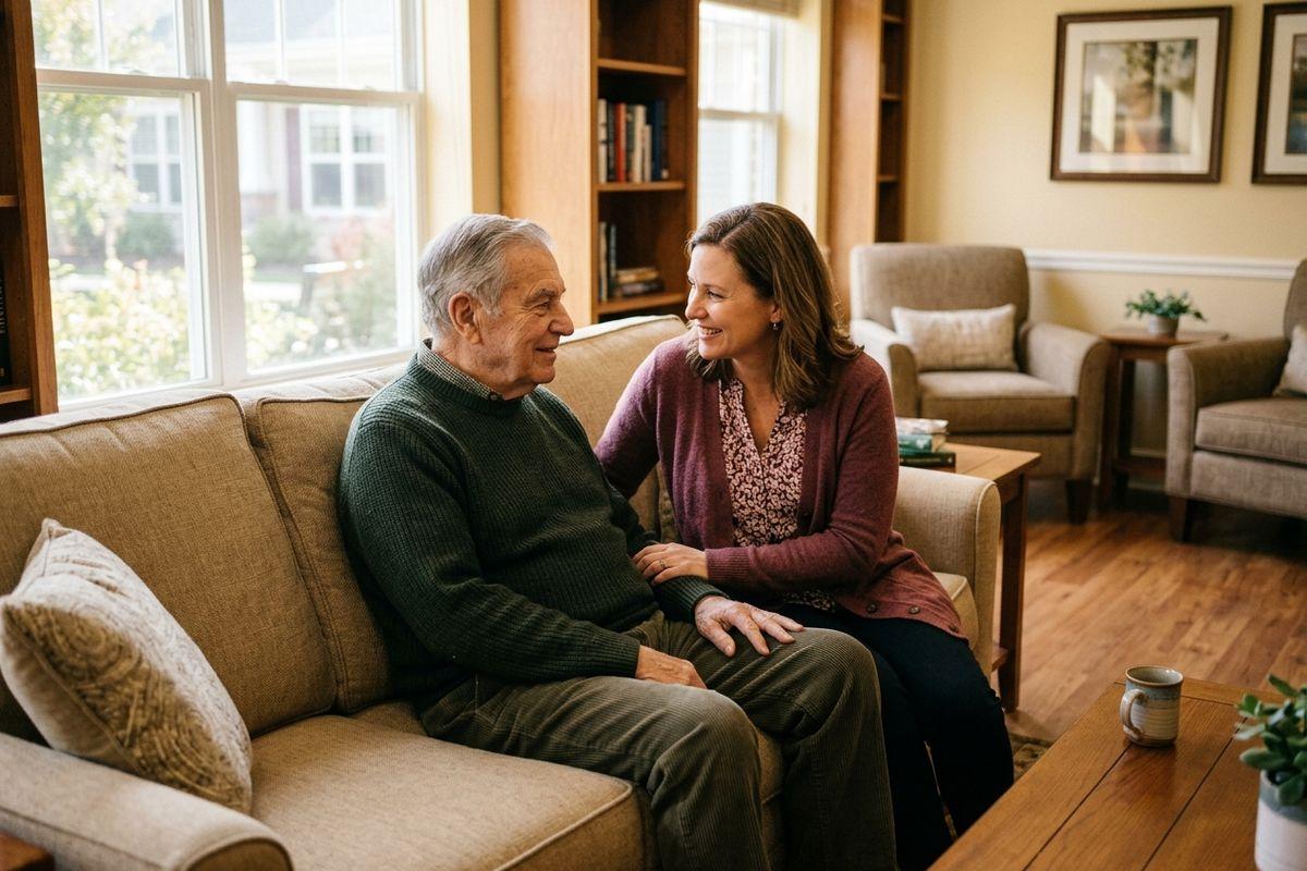 An older adult and a younger adult sit together on a couch in a community living room, smiling at each other.